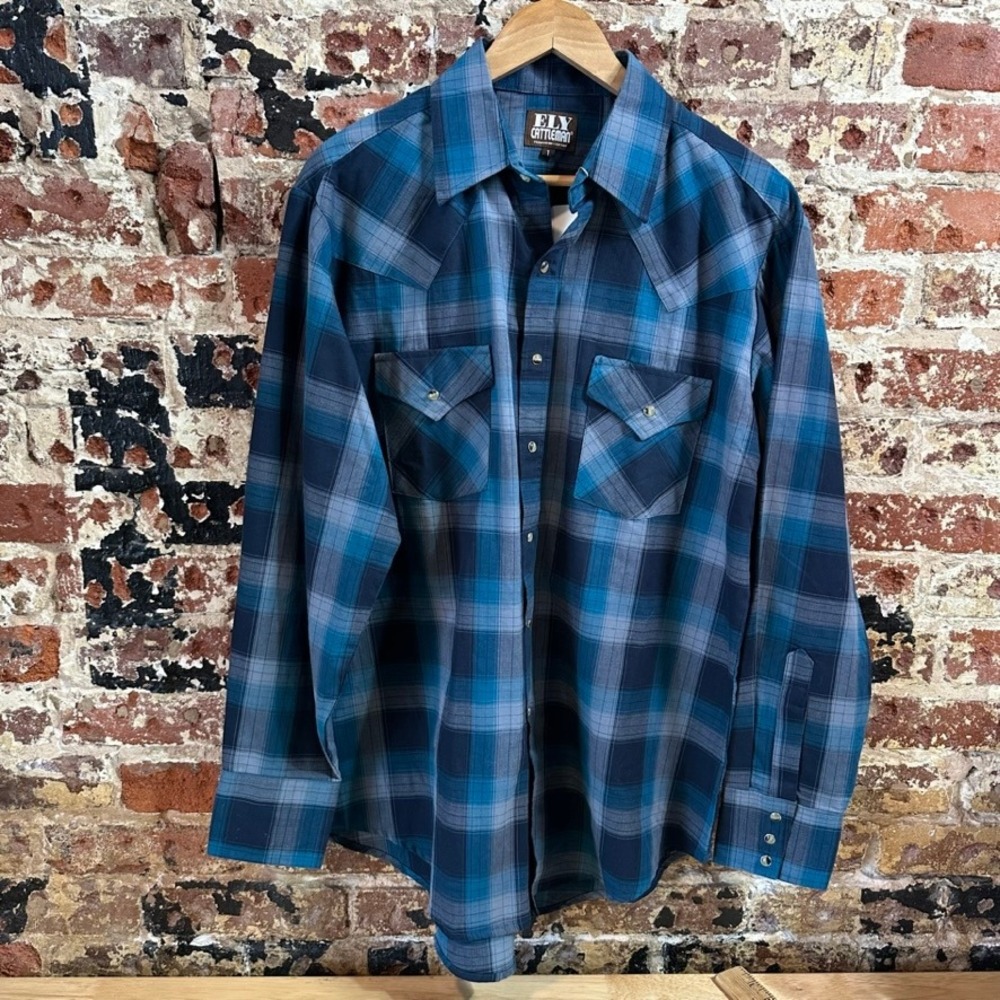 Ely Cattleman Shirt Mens Large Long Sleeve Pocket Rockabilly Western Snap Blue